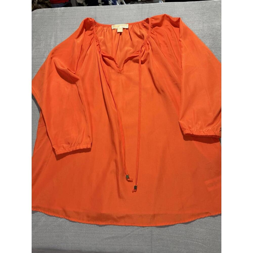 Michael Kors Peasant V-Neck Blouse 3/4 Sleeve Tie-Front L